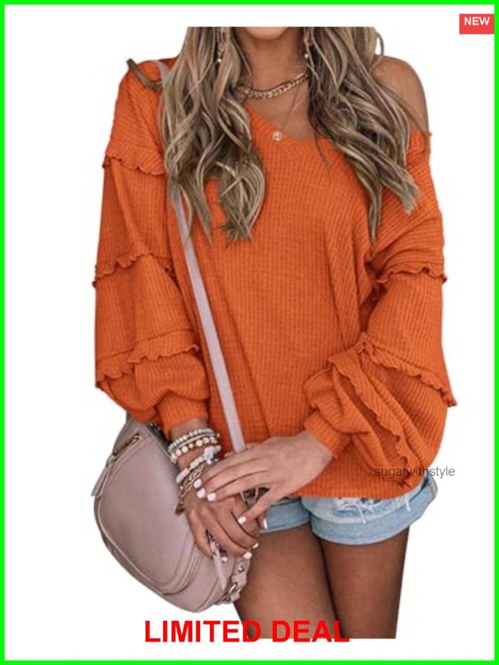 Boho Waffle Knit Blouse V Neck Lantern Sleeve Top
